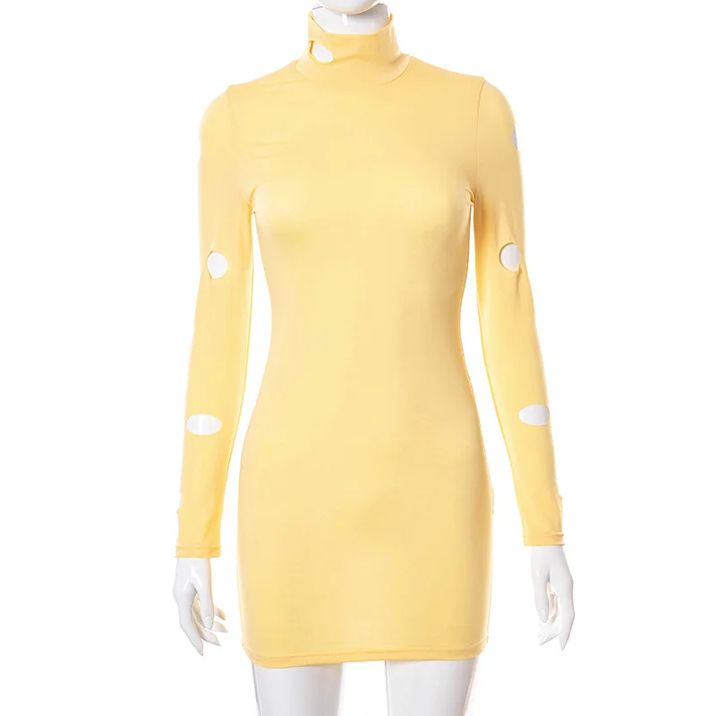 

Long Sleeve Bodycon Dress Women High Neck Hole Personality Casual Dresses For Wedding Party Mini Sexy Summer Fashion Clothing