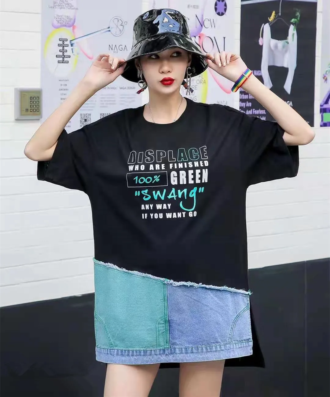 

Vefadisa Black Blue Denim Patchwork Women T-shirt 2021 Summer Letter Print T-shirt Stitching Color Women T-shirt Loose QYF5157