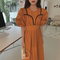 elegant vintage contrast waist slim pleated puff sleeve o neck dress 2021 summer korean one piece womens office ladies dresses