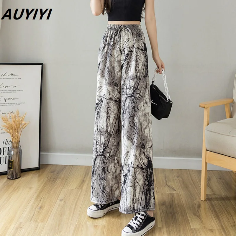 

AUYIYI 2021 Summer New Printed ice Silk Chiffon Wide-Leg Pants Women's High Waist Draped Loose Wild Slim Casual Pants