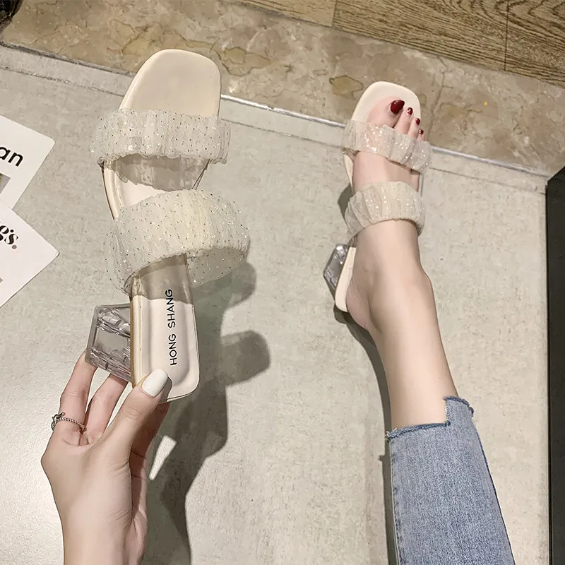 

Shoes Med Woman's Slippers Glitter Slides Heeled Mules Fashion 2021 Jelly High Luxury Cotton Fabric Rome PU Hoof Shoes Woman 202