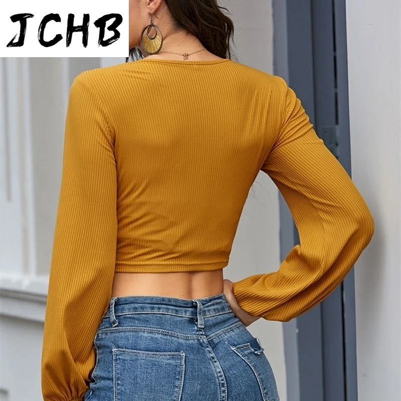 

V Sexy Neck Long Sleeve Crop Tops Women Casual Drawstring Lace Up T-shirt Autumn Lantern Sleeve Solid Slim Short Tops Streetwear