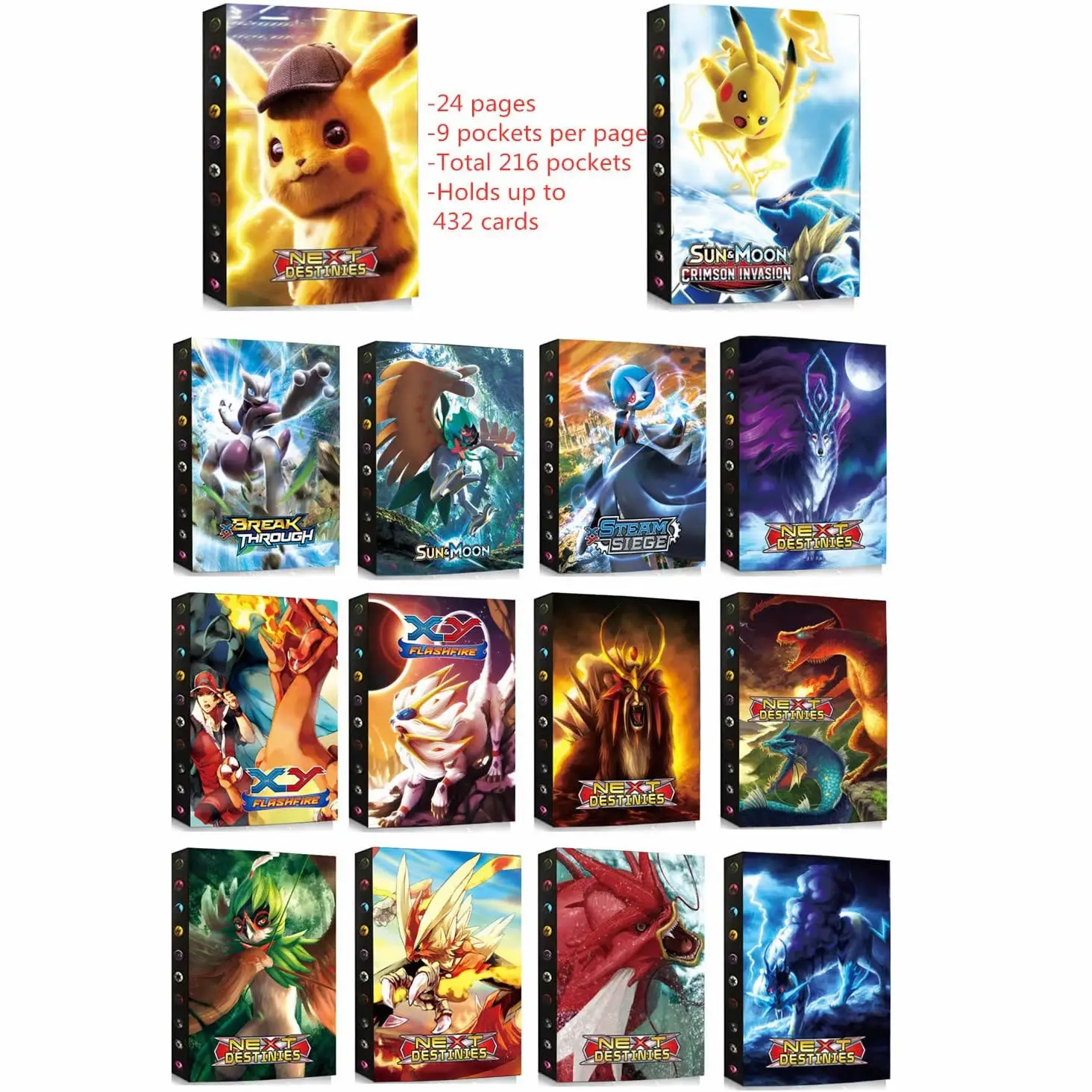 &Aacute;lbum de Pok&eacute;mon para ni&ntilde;os, carpeta de tarjetas de 9 bolsillos, soporte de mapa, colecciones de personajes de videojuego, juguete para regalo, 432 Uds.-5