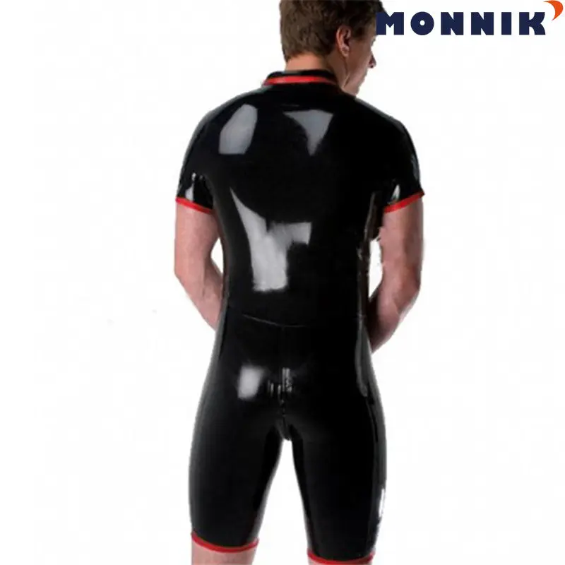 MONNIK latexBlack латексные мужские боди с коротким рукавом короткие штаны Клубная