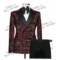 burgundy floral double breasted men suits for wedding peaked lapel costume homme terno slim fit masculino groom blazer pants
