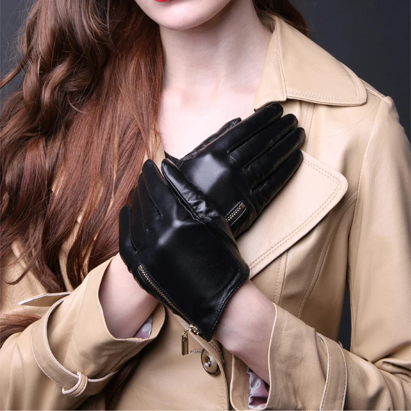 Роскошные женские перчатки черные зимние из овечьей кожи повседневные на молнии