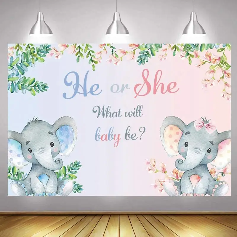 

Gender Reveal Photo Backdrop Elephant Baby Shower Happy Party Newborn He or She Photography Background Decoration Banner