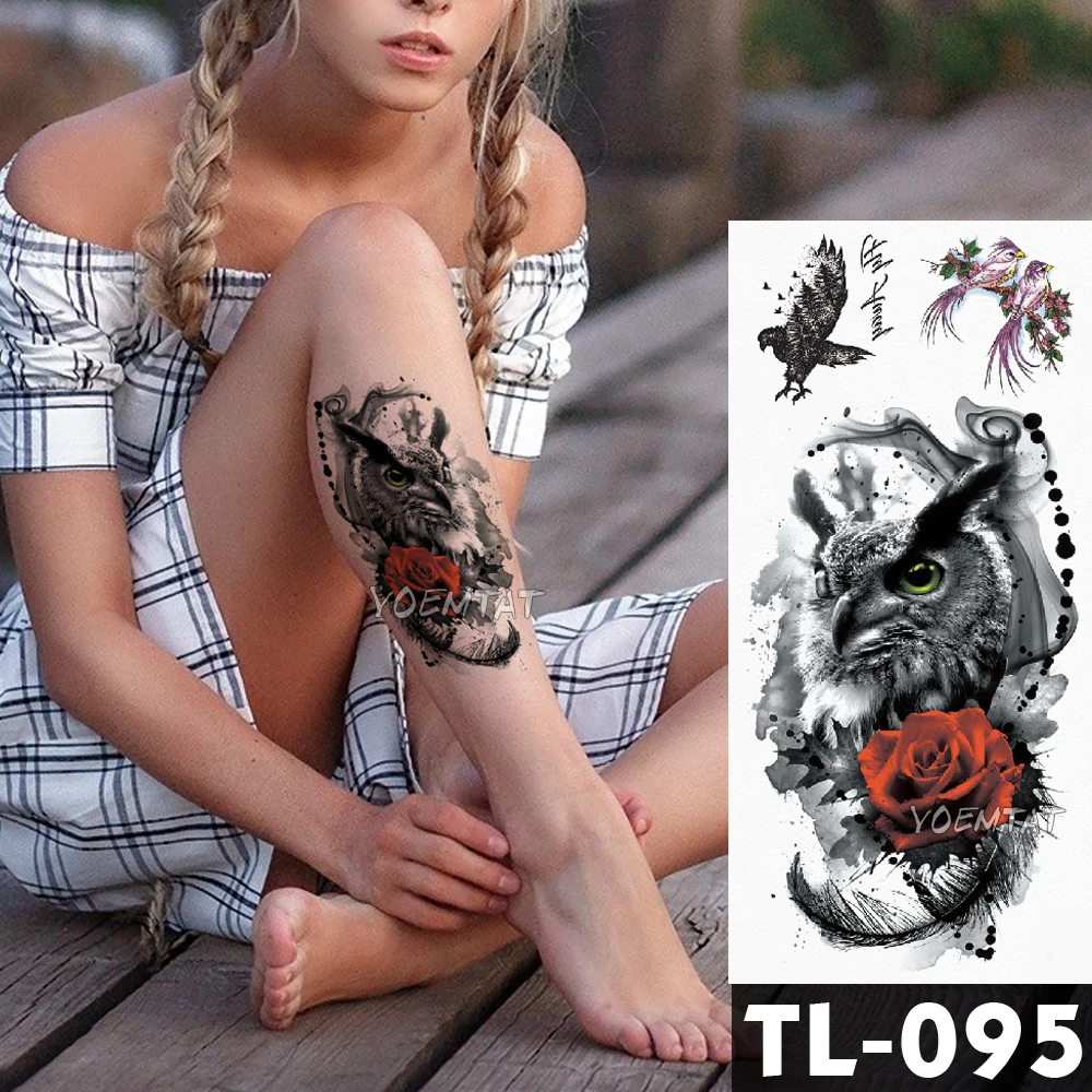 

Water Transfer Rose yellow eyes Owl Temporary Tattoo Sticker Dark animal Pattern body art Waterproof Fake Flash Tattoo for men
