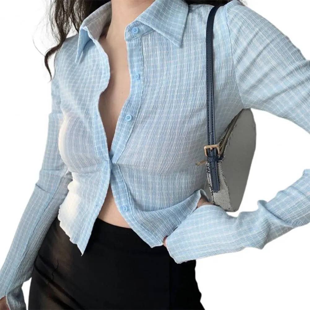 

2021 Ladies Stylish Spring Shirt Lapel Slim Lapel Mini Blouses Vintage Single Breasted Women Plaid Top Long Sleeve Top