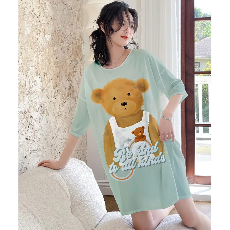 

New Sexy Cute Cartoon Nightdress Pajamas For Women Summer Satin Large Version Round Neck Dressing Gowns Lady Home Dress Nightie