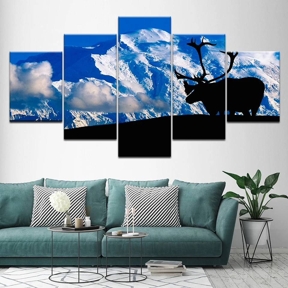 Canvas Painting The Deer and Ice Mountain 5 Pieces Wall Art Modular Wallpapers Poster Print for Living Room Home Decor | Дом и сад