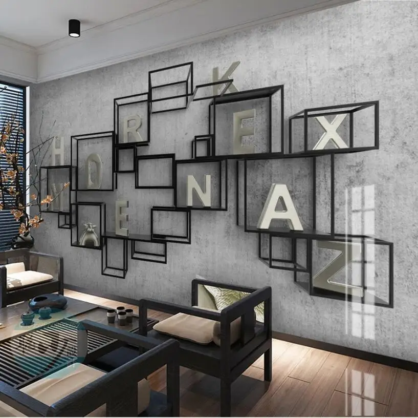 CJSIR Custom Large Mural Painter 3D Three-dimensional Minimalist Metal Checkered Letters New Chinese TV Background Wallpaper |