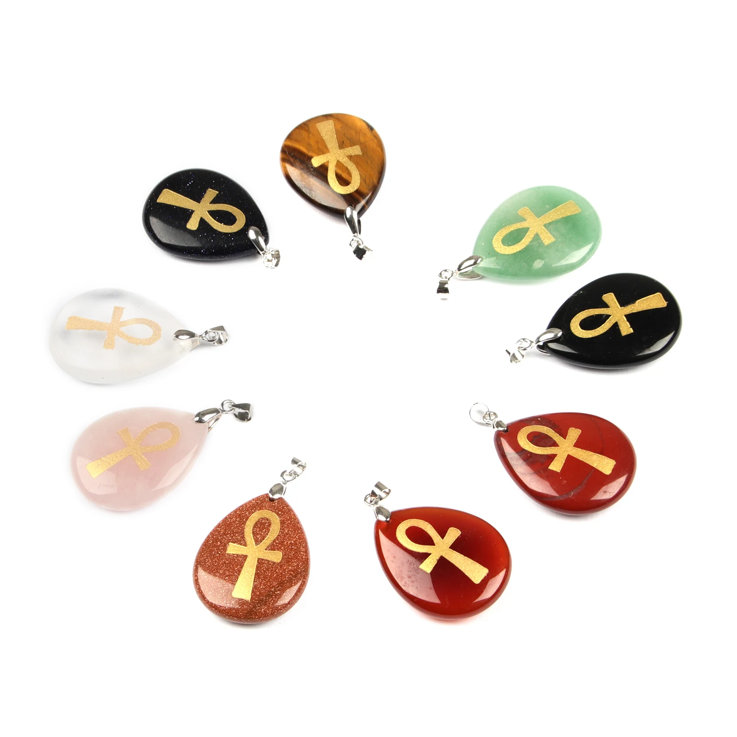 

natural crystal charms Water drop Pendant religion Rune Symbol of life ankh pattern cross accessories Reiki Jewelry for women