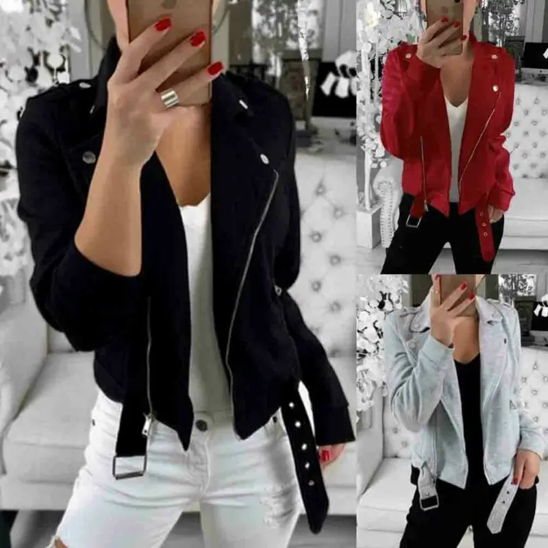 

Womens Long Sleeve V-neck Biker Jacket Zipper Overcoat Motorcycle Jackets Spring Autumn Long Sleeve Solid Color Plus Size Coats