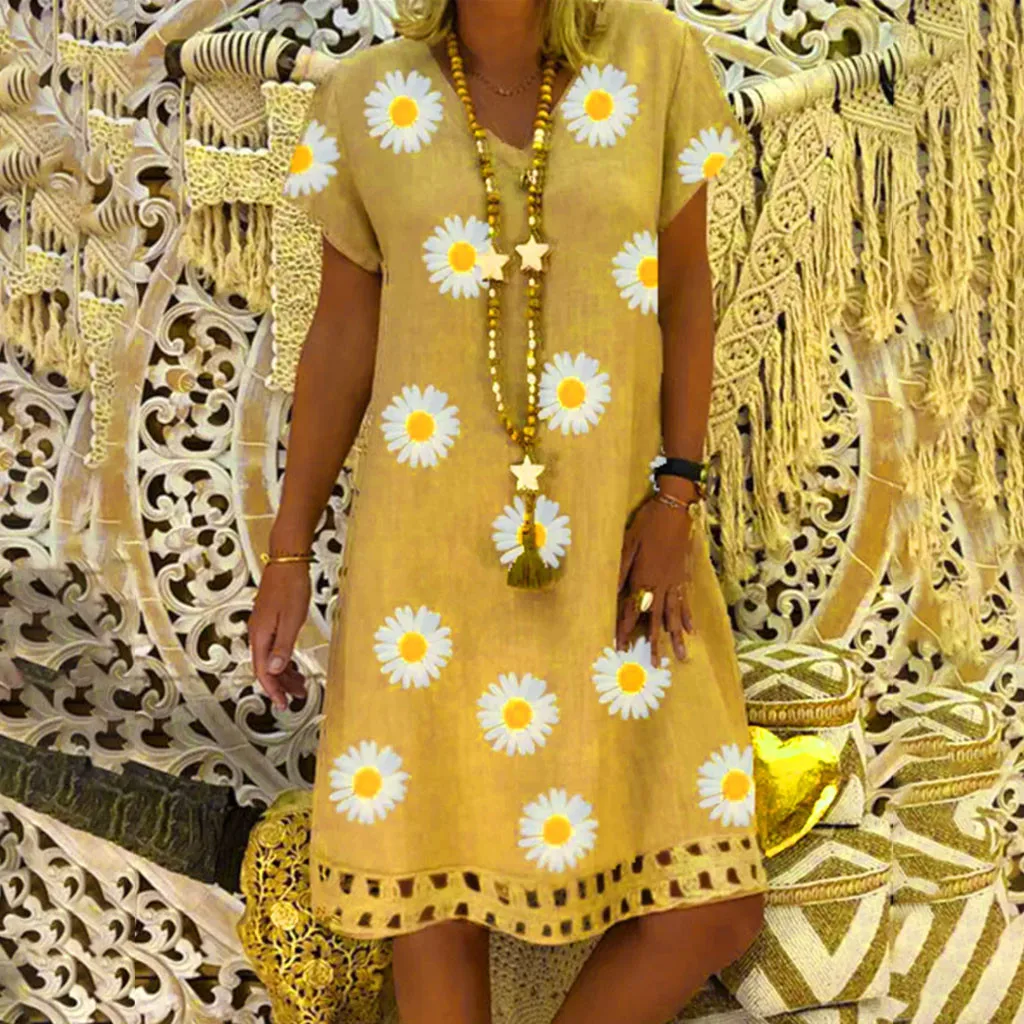 

S-5xl Plus Size Dress Summer Women Vintage Dress Print Short Sleeve Dress Retro Big Size Loose Beach Casual Dresses Vestidos