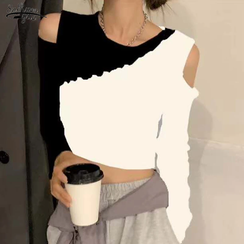 

2021 Stitching Long-sleeved Shirt Fashion O-neck Short Blouse Women Contrast Bottoming Shirt Off-shoulder Top Female Blusa 15569