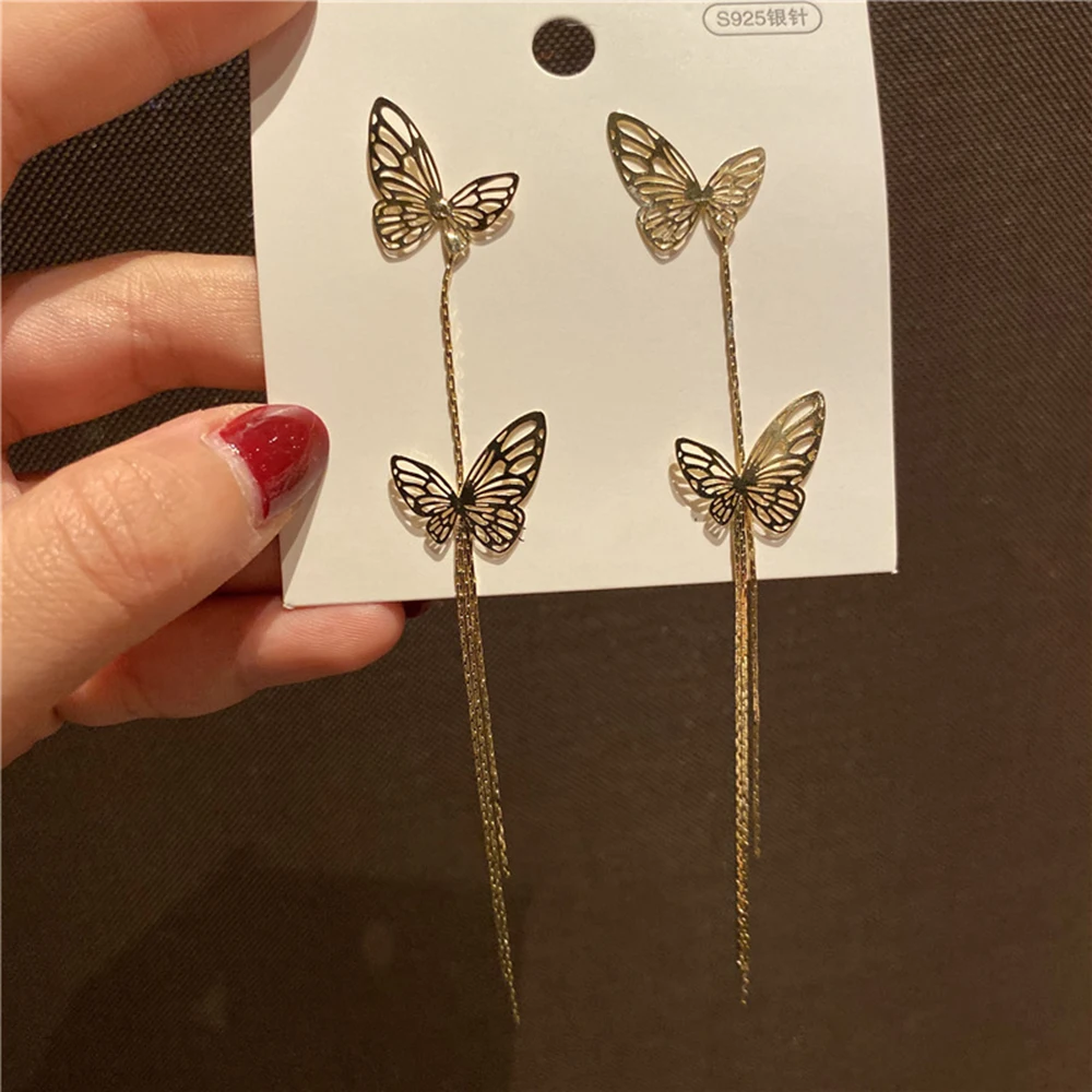 

Long tassel personalized earrings s925 silver needle butterfly earrings fashion trend hot style ladies earrings