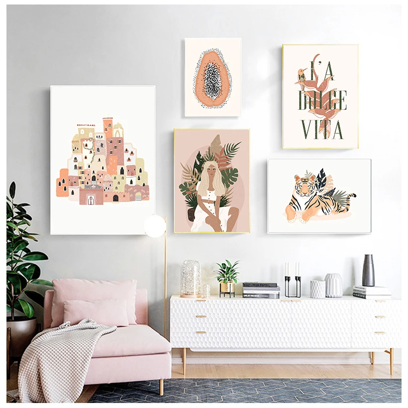 

Abstract Fashion Vintage Girl Tiger Plant Wall Art Canvas Painting Nordic Posters And Prints Wall Pictures For Living Room Decor