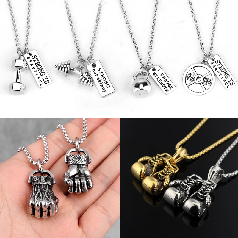 Fitness Dumbbell Kettlebell Barbell Anger Fist Men Necklaces Sport Bodybuilding Gym Exercise Charm Pendant Boxing Gloves Jewelry