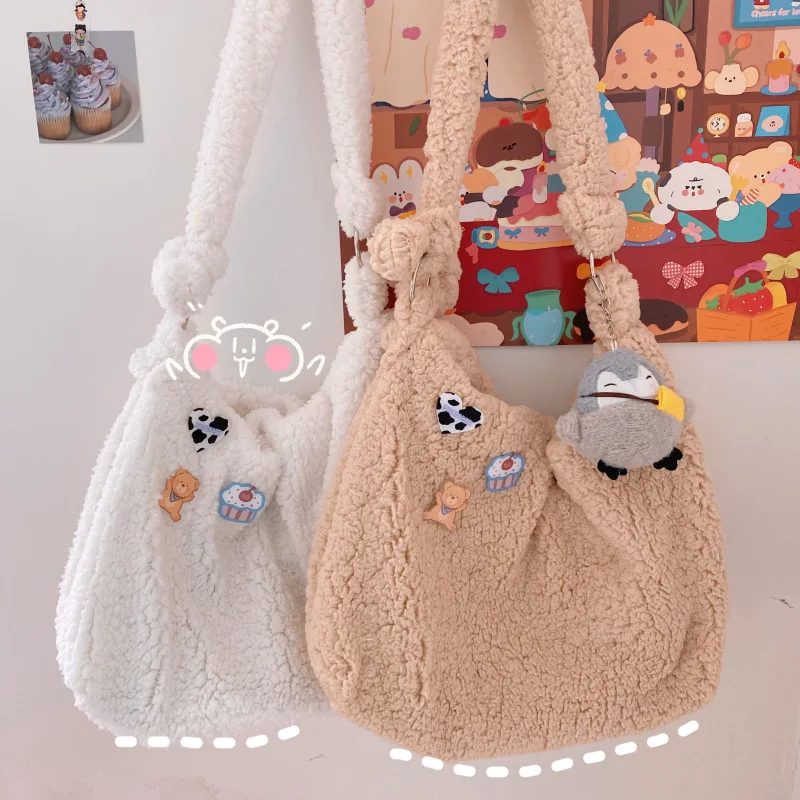 

Kawaii Lamb Plush Bag Large Capacity Women Shoulder Bags Shopping Bag Ladies Purse Phone Sac A Main Femme Bolsas 2021 New