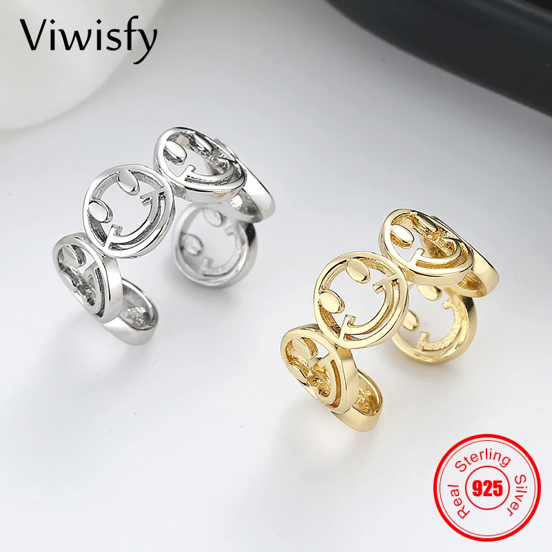 

Viwisfy Girl's Gift Gold Color Real 925 Sterling Silver Ring For Woman Opening Creative Smile Face Finger Jewelry Trendy VW21458