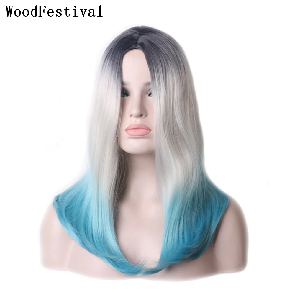 

WoodFestival Synthetic Wigs For Women Natural Cosplay Wig Female Ombre Straight Hair Black Grey Brown Medium Length