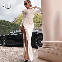 round neck long sleeved sexy backless high slit slim dress black white ring decoration long maxi nestidos party evening robe
