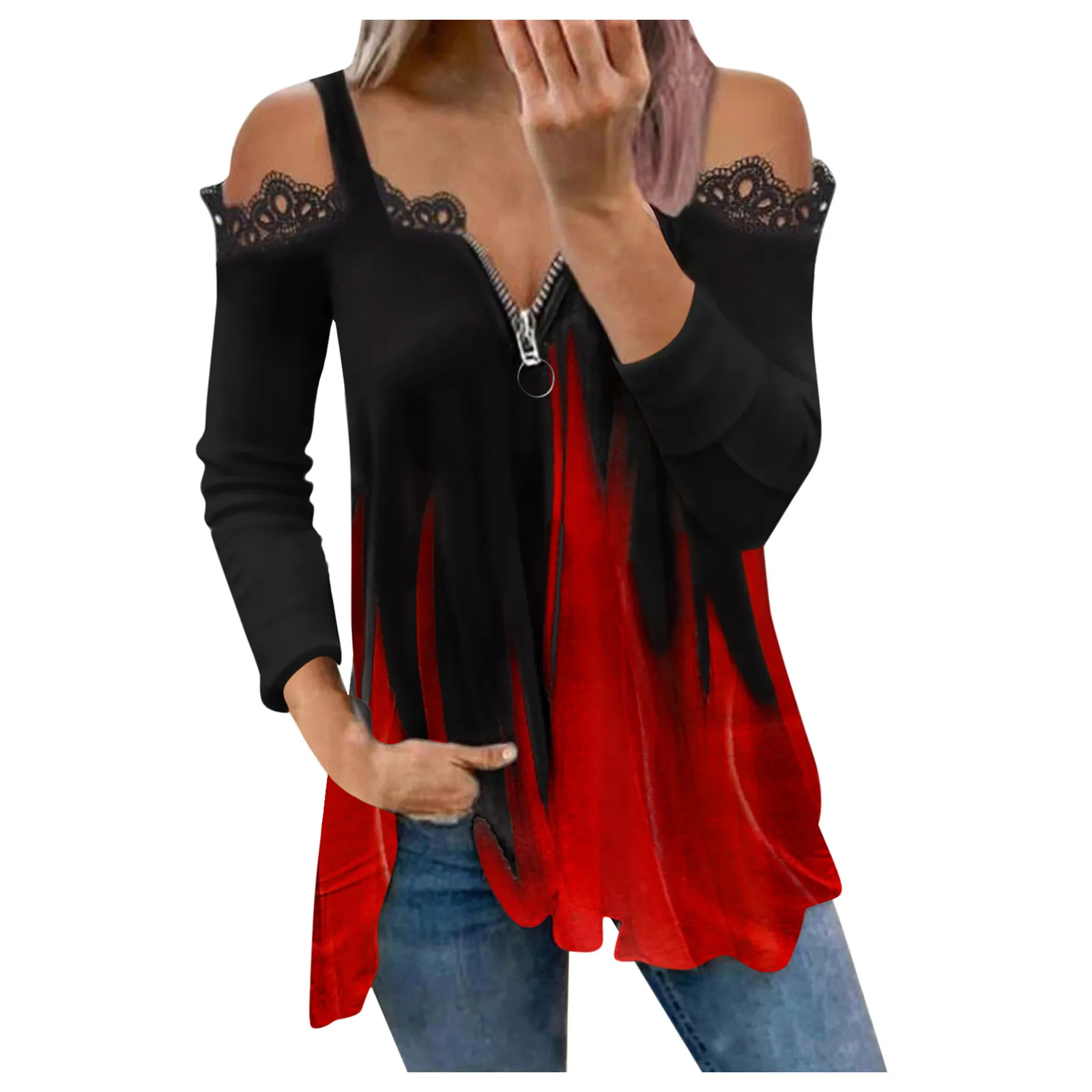 

Women 2021 New Long Sleeve Zipper T-shirt Casual V Neck Print Blouse Tops Off Shoulder V-neck Loose Casual Top Tee Tunic #672