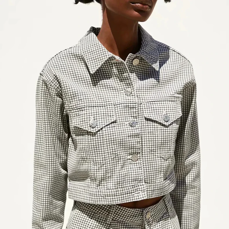

Za Women's Denim Jackets Plaid Coats Cropped Houndstooth Jacket Mujer Vintage Crop Tops Femme Long Sleeves Casual Chic Outerwear