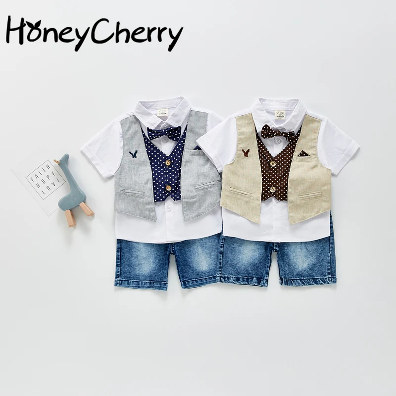 

2021 Summer boy Treasure Suit Bow Tie Polka Dot Two-piece Shirt Denim Shorts Suit toddler boy clothes