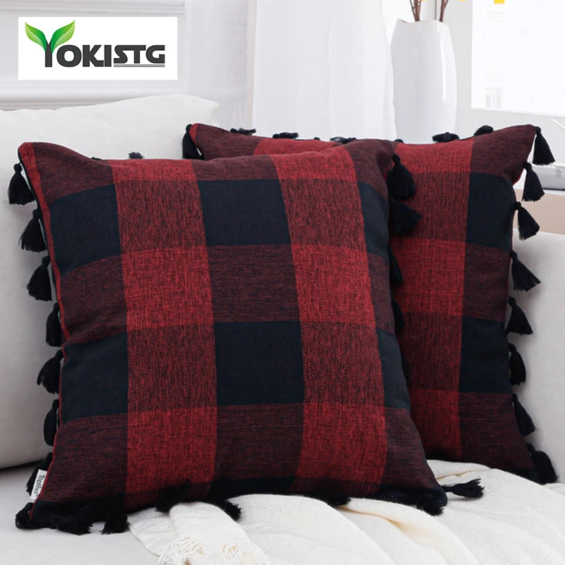 YokiSTG матерчатая подушка в клетку с четырьмя боковыми кисточками|Наволочки| |