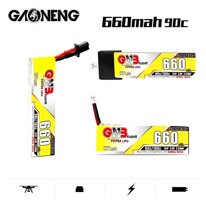 

Оригинальный GNB 3,8 V 660Mah 1S HV Lipo аккумулятор 90C/180C 4,35 V с разъемом PH2.0/GNB27 для Emax Tinyhawk King Kong Ldarc TINY7 Drone