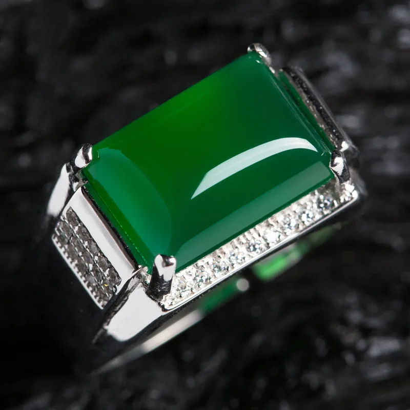 

925 silver inlaid ring natural men's ring opening green chalcedony domineering ring jewelry