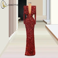 sparkly burgundy long sleeve sequined evening dresses mermaid deep v neck beaded floor length robes formal dress 2020