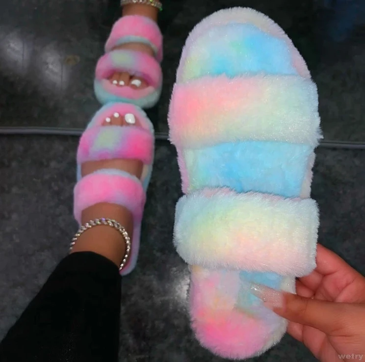 

Furry Slippers Fur Slides For Women Faux Fur Sliders Indoor Shoes Woman Strap Shoes Female Casual Home Flat Summer Footwear