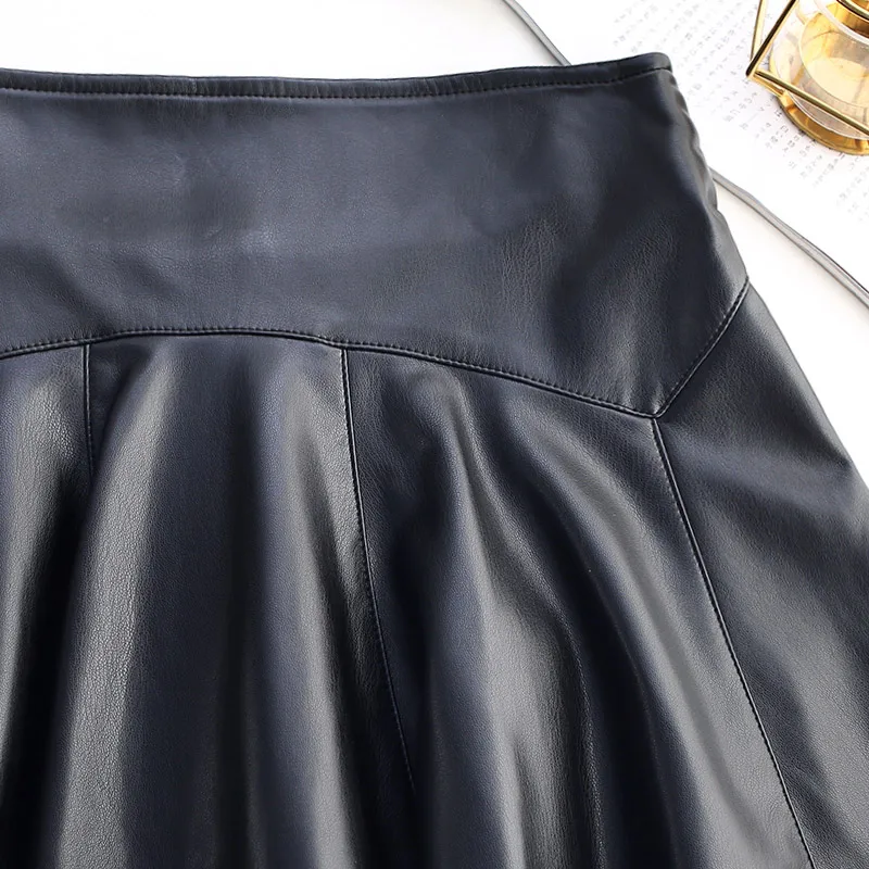 Autumn Black High Waist Women Pu Leather Mini Skater Skirt For Fashion Winter Ladies Sexy Short Pleated Female New | Женская одежда