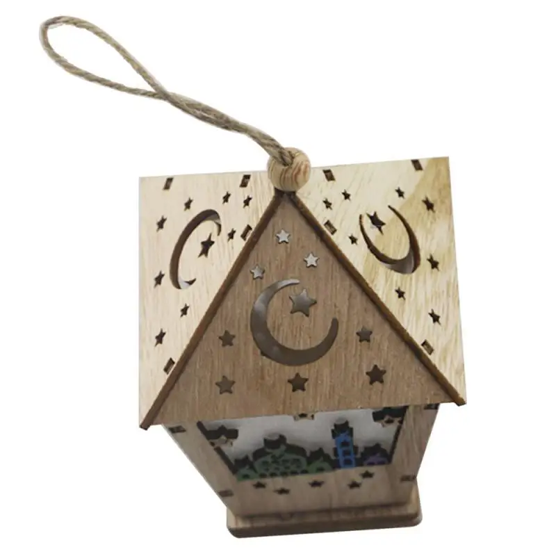 

1PC Three-dimensional House Ornament Wooden Decorative Lantern Handmade Eid LED Lamp Pendant For Islamic Mubarak Ramadan Crafts