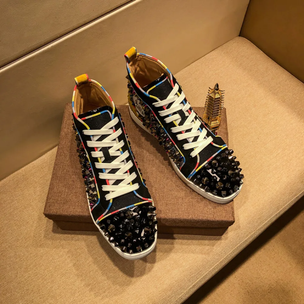 

European And American Men's Shoes Rivets Rhinestones High Top Red Bottom Leather Color Matching Casual Flat Shoes Hair Stylist