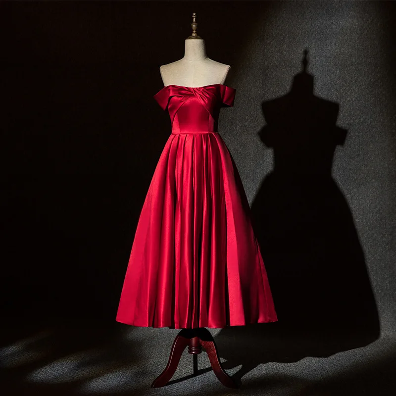 

Evening Dress Boat Neck Fashion Short Sleeves New Ruched A-Line Simple Empire Tea-Length Burgundy Party Formal Gown Woman B542