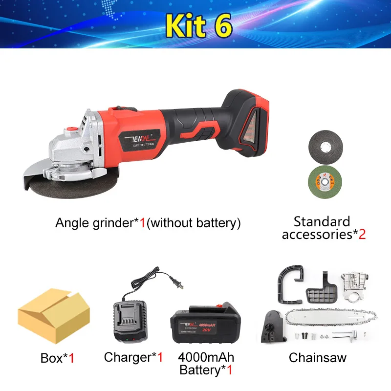 KIT 6 NEWONE 20V бесщеточный 4000mAh литий-ионный M10 угловой шлифовальный станок с лопаточный переключатель Беспроводная шлифовальная машина шлифовальный электроинструмент - Цвет: KIT 6