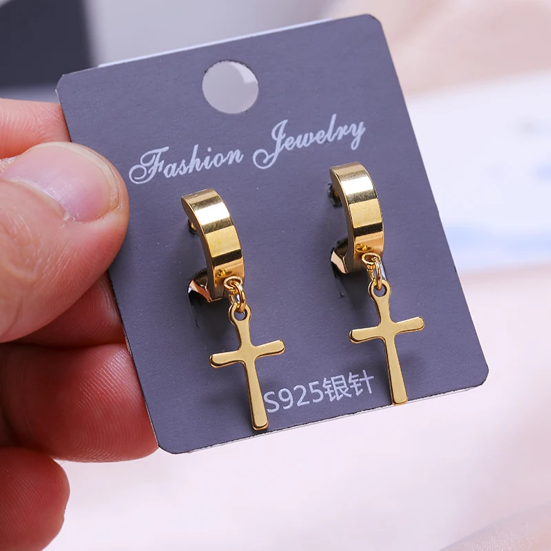 

JUWANG 2021 New Hot Vintage Punk Piercing Hoop Earrings For Women Men Titanium Cross Dangle Earrings Fashion Jewelry Pendientes