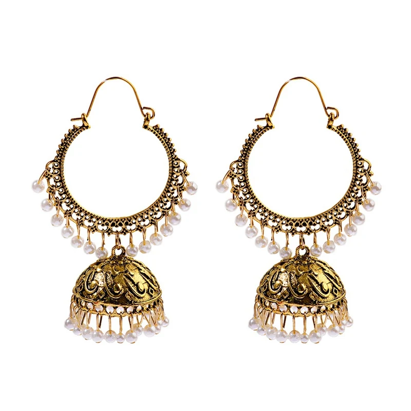 OIQUEI, индийская Jhumka, ювелирное изделие,, модные жемчужные кисточки, богемные, винтажные, серебряные, большие, круглые колокольчики, висячие серьги для женщин - Окраска металла: HXE222-1