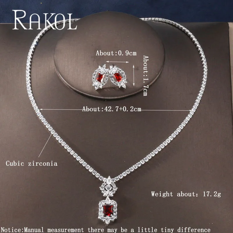 Square Red RAKOL Новая мода Роскошные AAA циркон форма капли воды ожерелье серьги набор украшений для женщин вечерние свадебное платье аксессуары - Окраска металла: Square Red
