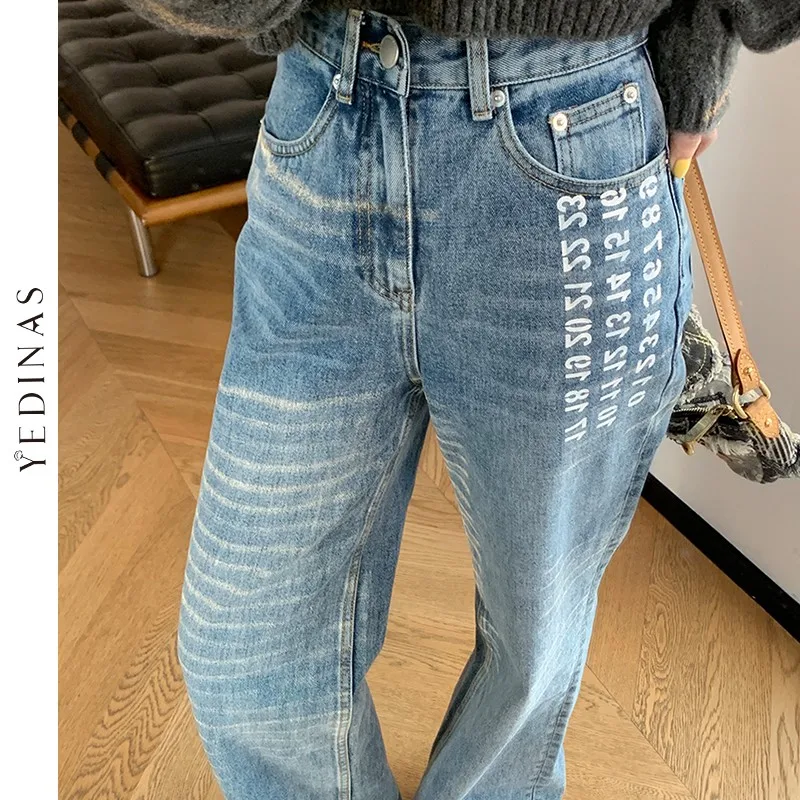 

Yedinas Korean Baggy Straight Jeans Digital Print High Waist Cotton Jean Boyfriend Femme Blue Denim Pants Loose Streetwear 2021