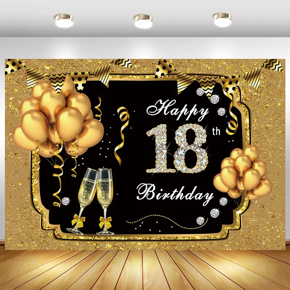 

Happy 18 20 30 40 50th Birthday Backdrop Photography Golden Sequins Ribbons Balloon Dinner Table Decor Banner Photo Background