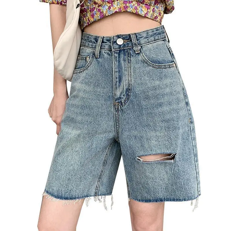 

2022 New Women's Jeans Loose Korean Summer Shorts High Waist Loose Perforated Wide Legs Perforated Five-point Straight Pants