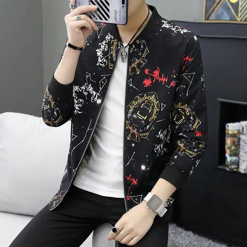 

OLOEY Plus Size Men Jacket 2019 Spring Autumn Fashion Print Coat Men Long Sleeve O-neck Slim Hot Sale Men's Jackets