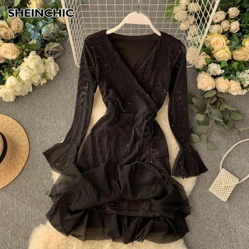 2019 Новое модное блестящее мини платье с асимметричным подолом оборками по краю