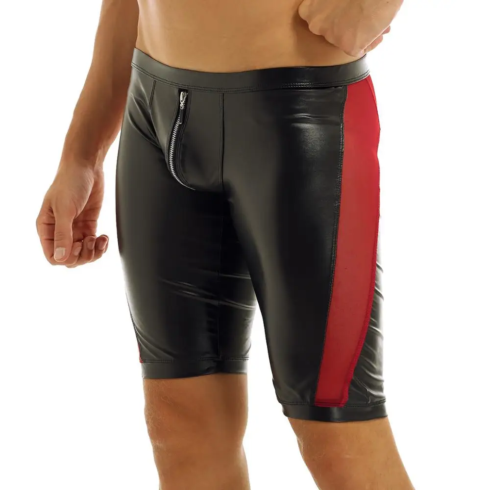 Шорты мужские черные из искусственной кожи на молнии с красной сеткой низкой