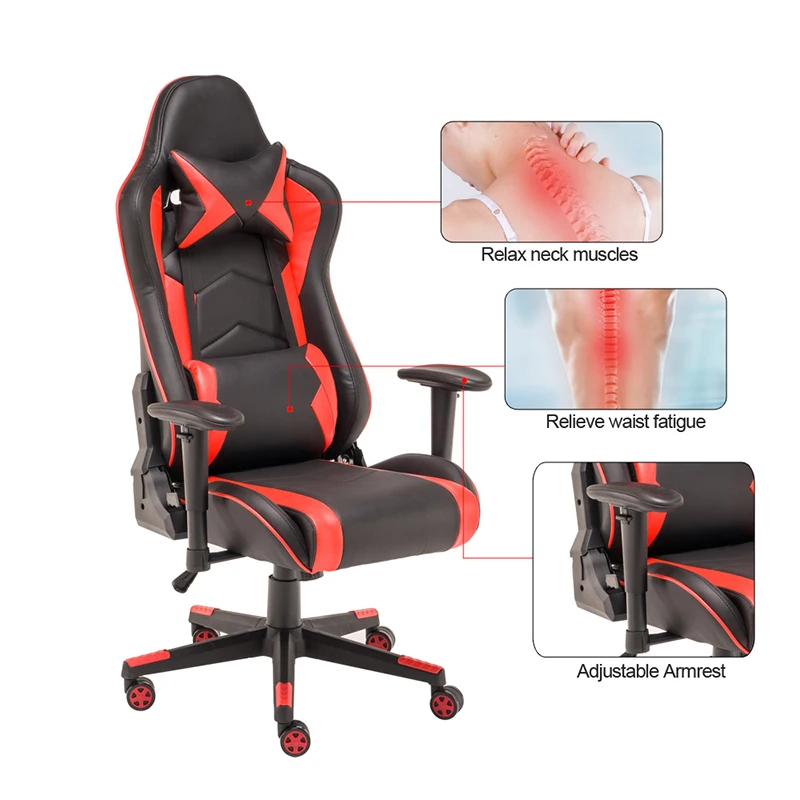 Игровое кресло с подголовником и поддержкой массажа поясницы компьютерное для